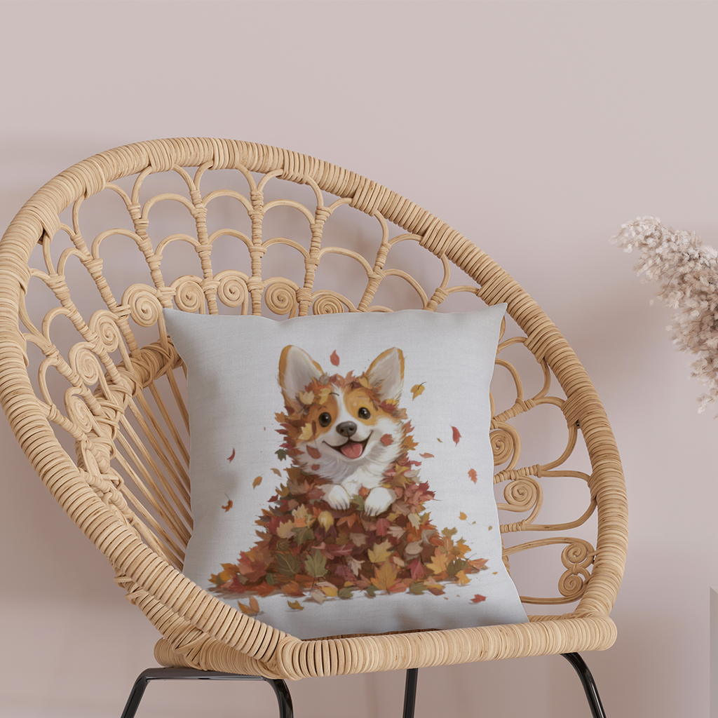 Happy Corgi Puppy in Fall Leaves Decorative pillow cover