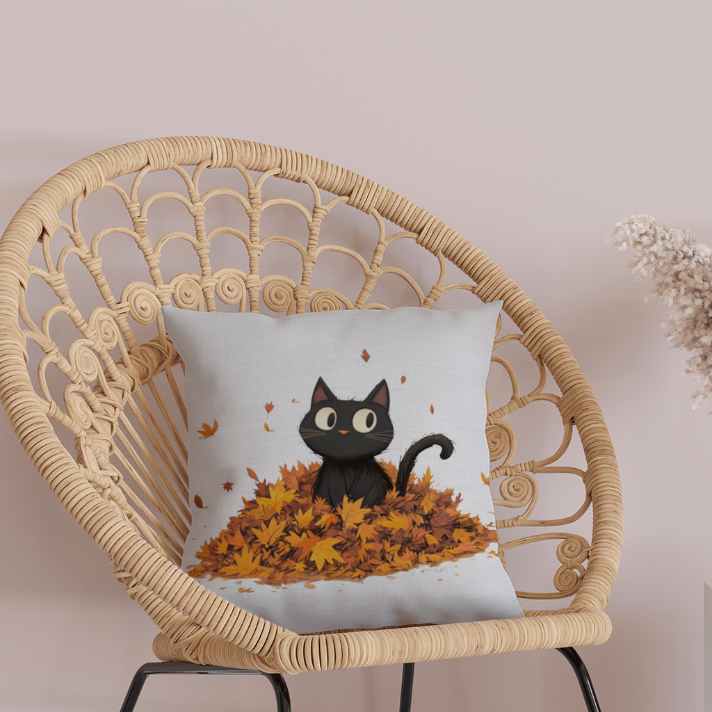 Cute Black Cat in Autumn Leaves Decorative pillow cover
