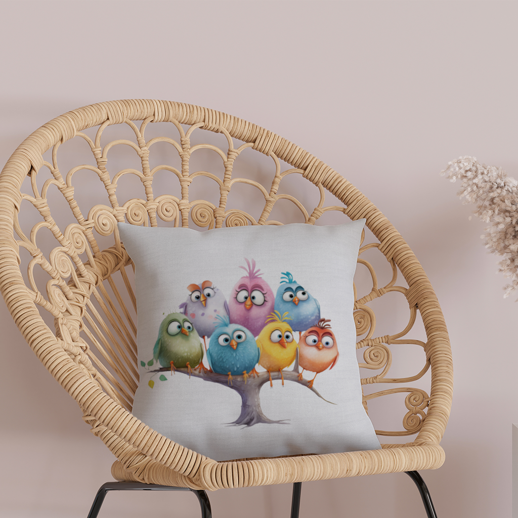 Daldaki Renkli Sevimli Kuşlar Dekoratif Kırlent Kılıfı