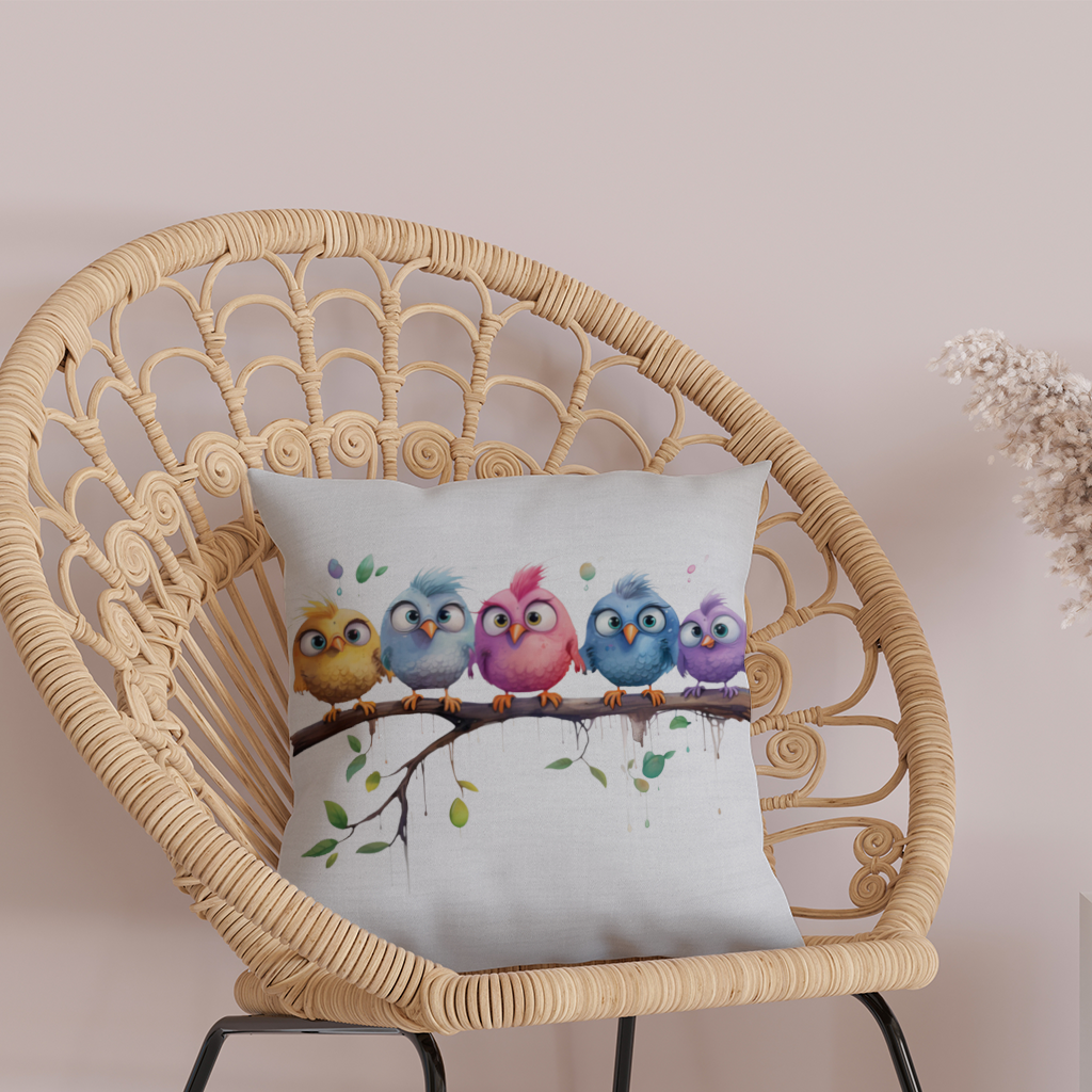 Five Colorful Kawaii Birds on Branch 