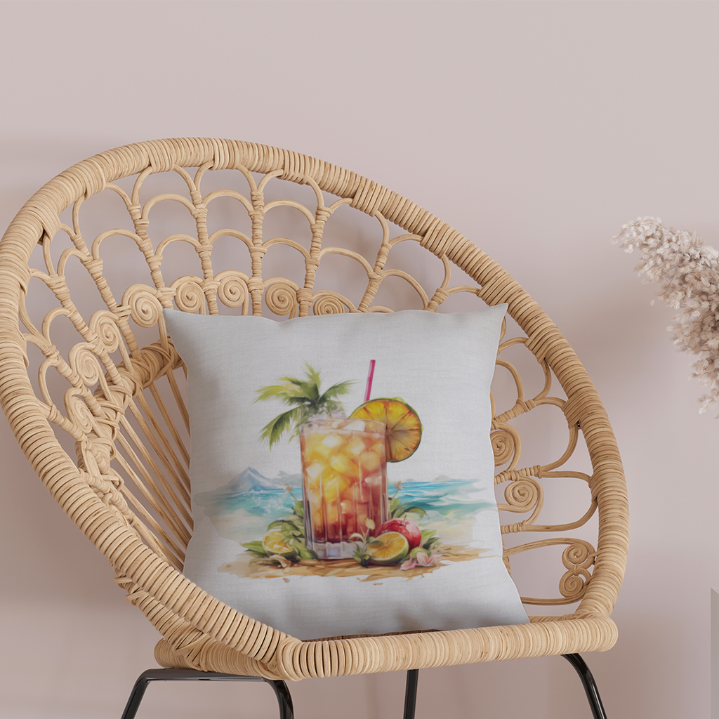 Egzotik Tropikal Sahilde Buzlu Meyveli İçecek Dekoratif Kırlent Kılıfı