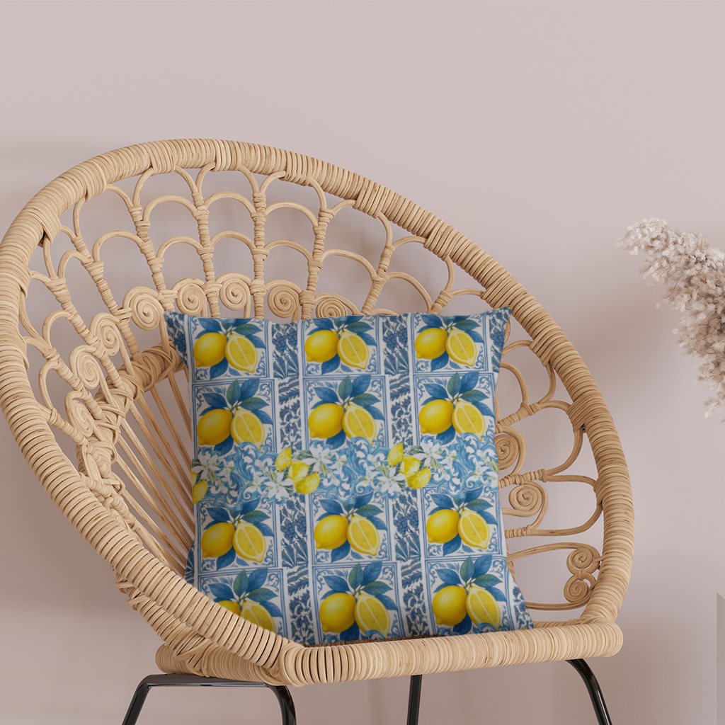 Mediterranean Lemon and Blue Azulejo Tile Pattern Decorative pillow cover