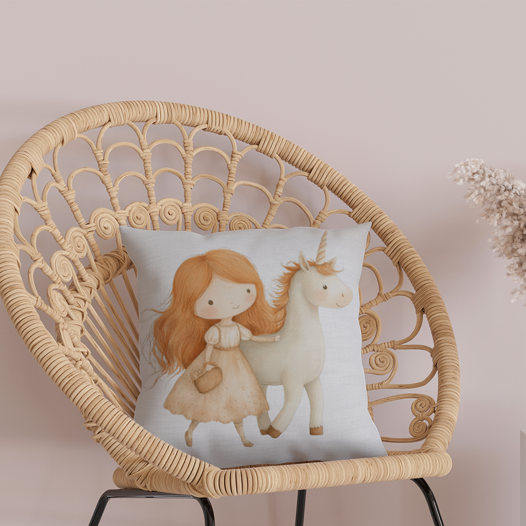 Ginger Girl with Whimsical White Unicorn Decorative pillow cover