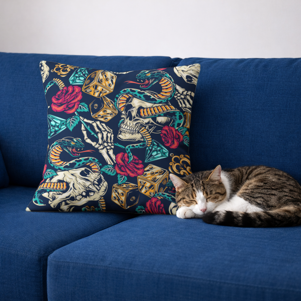 Skull Snake Dice and Roses Pattern Decorative pillow cover