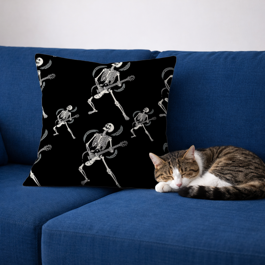 Rock Guitar Playing Skeleton Pattern on Black Decorative pillow cover