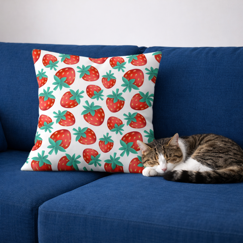 Canlı Kırmızı Çilek Desenli Yaz Motifi Dekoratif Kırlent Kılıfı