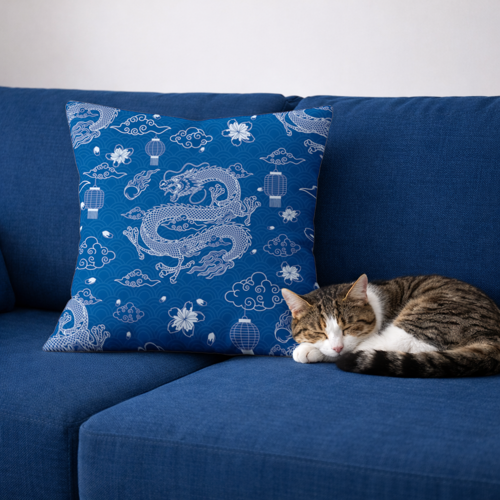 Traditional Dragon Pattern on Blue Background 