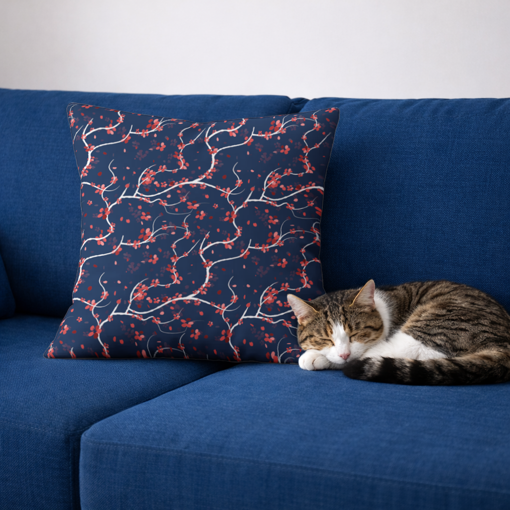 Red Floral Branch Pattern on Navy Background Decorative pillow cover