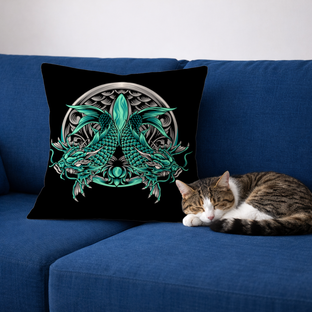 Turquoise Twin Dragon Emblem Design Decorative pillow cover