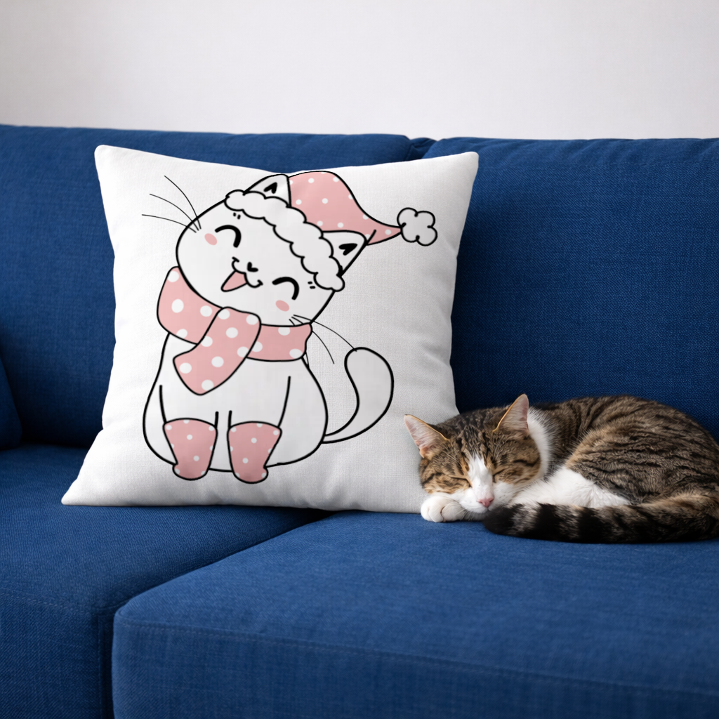 Cute Christmas Cat with Pink Polka Dot Outfit Decorative pillow cover