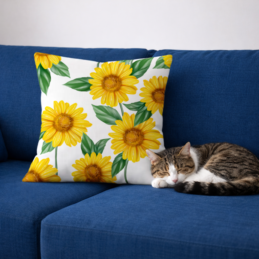 Vibrant Yellow Sunflower and Green Leaf Pattern Illustration Decorative pillow cover