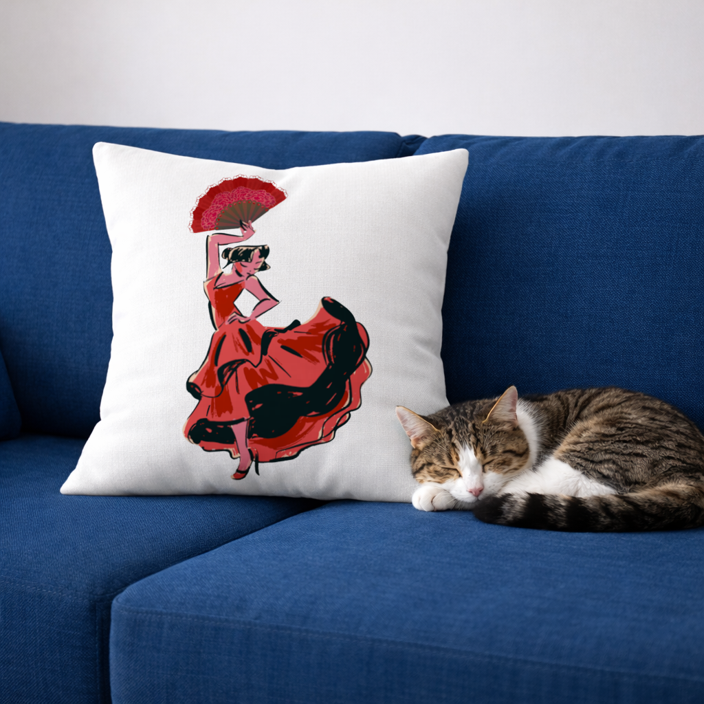 Yelpazeli Flamenko Dansçısı İllüstrasyonu Dekoratif Kırlent Kılıfı