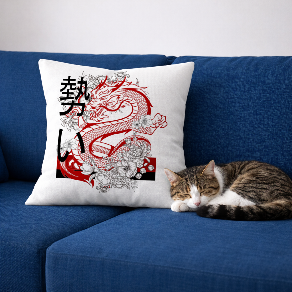 Japanese Dragon with Floral Design Decorative pillow cover