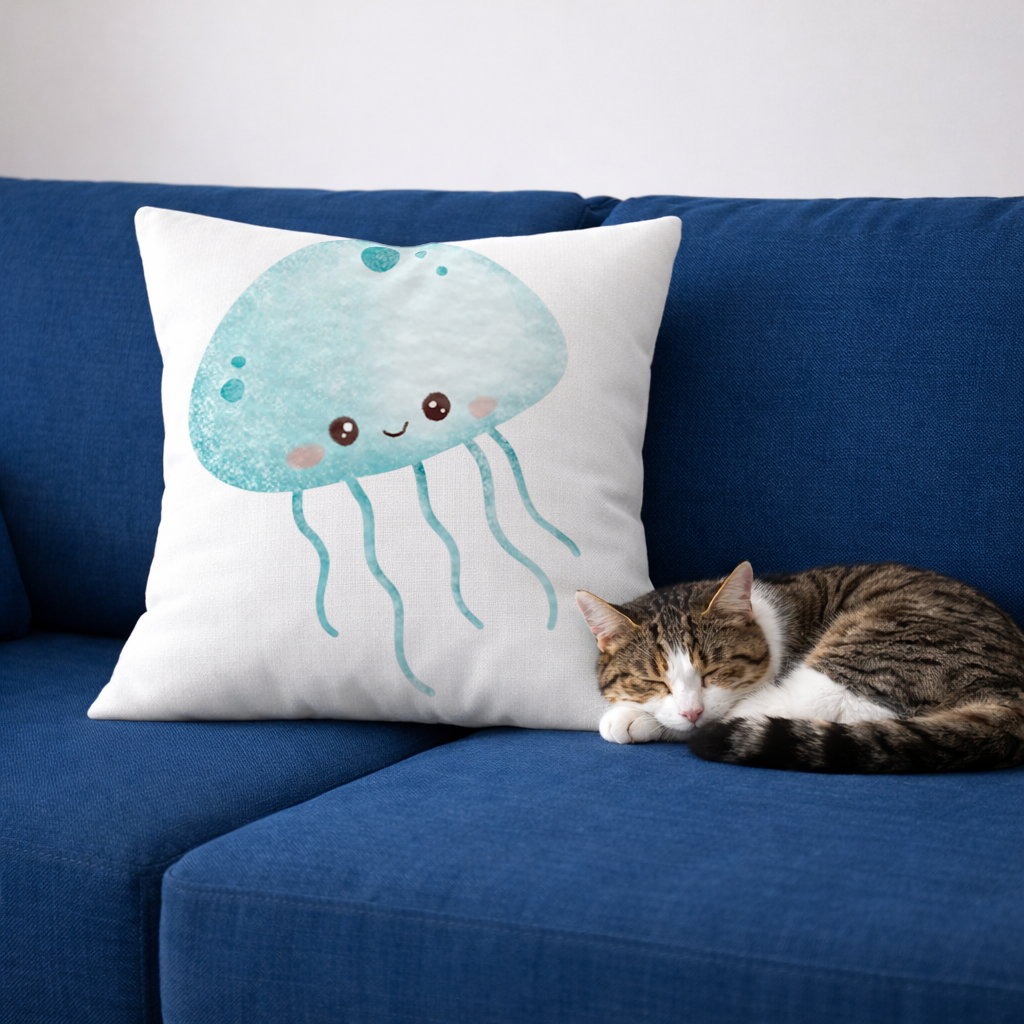 Cute Blue Jellyfish Character Decorative pillow cover