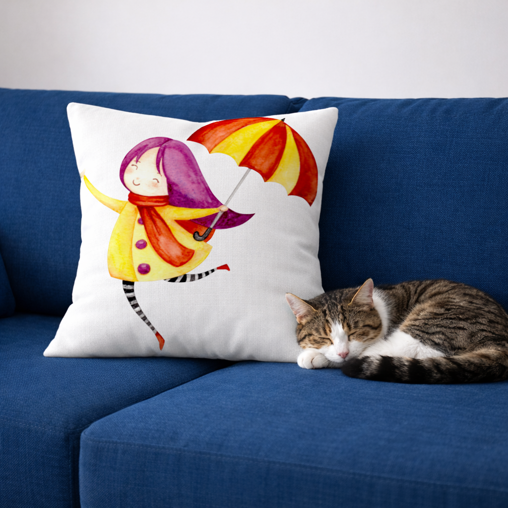 Cheerful Girl with Umbrella Decorative pillow cover