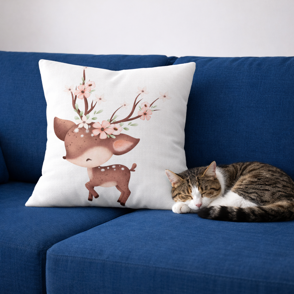 Cute Baby Deer with Floral Antlers Decorative pillow cover