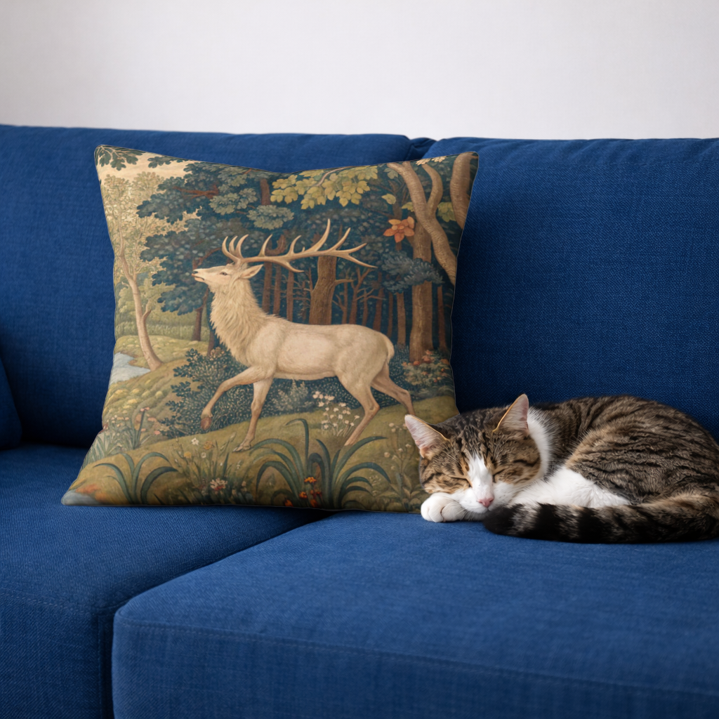 Noble Deer in Forest Landscape Classic Art Illustration Decorative pillow cover