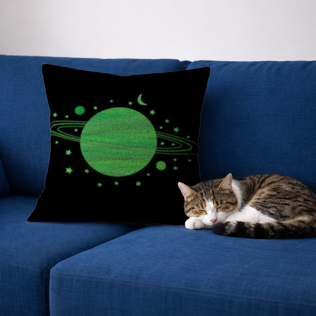 Green planets on a black background. 