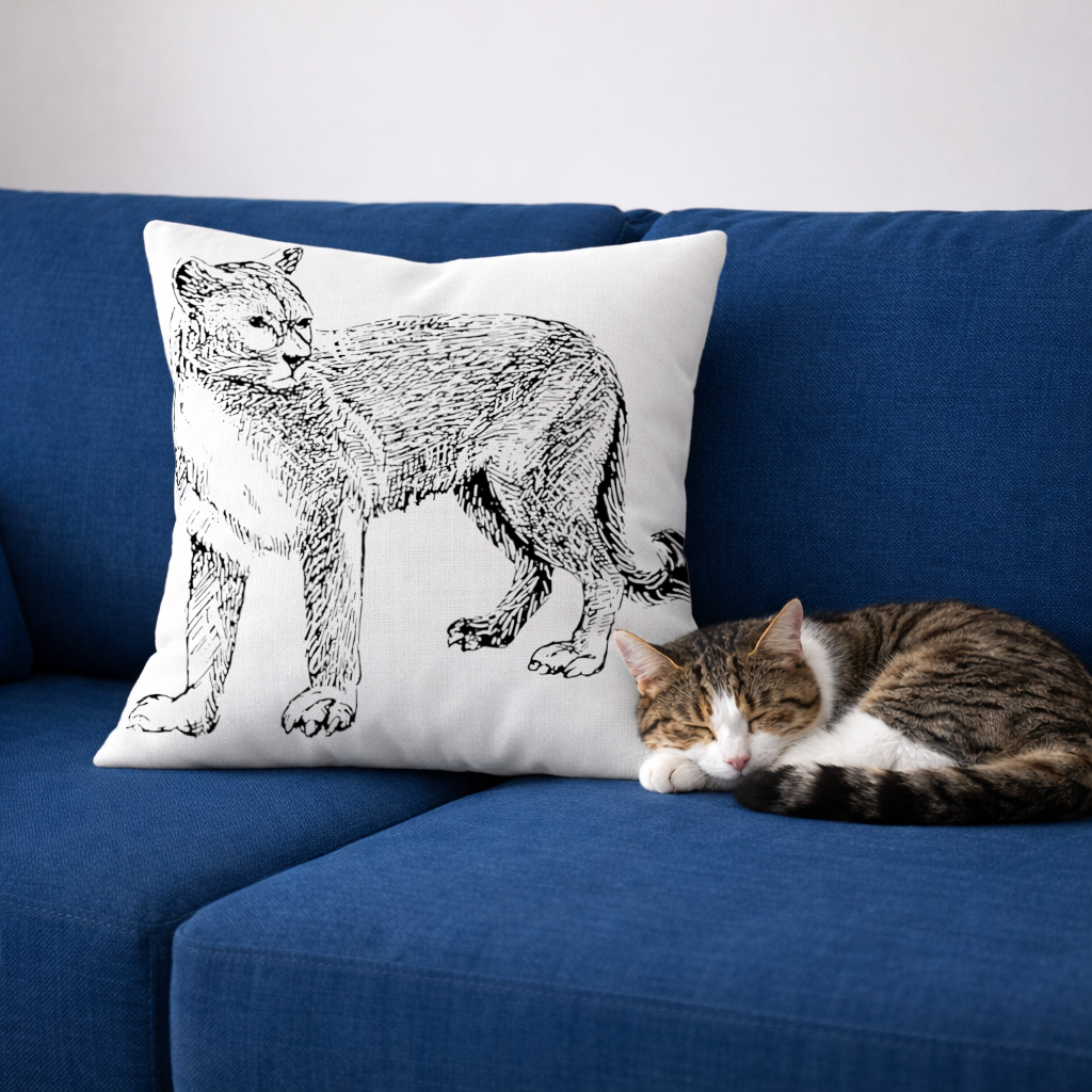 Black and White Wild Cat Sketch Illustration Decorative pillow cover