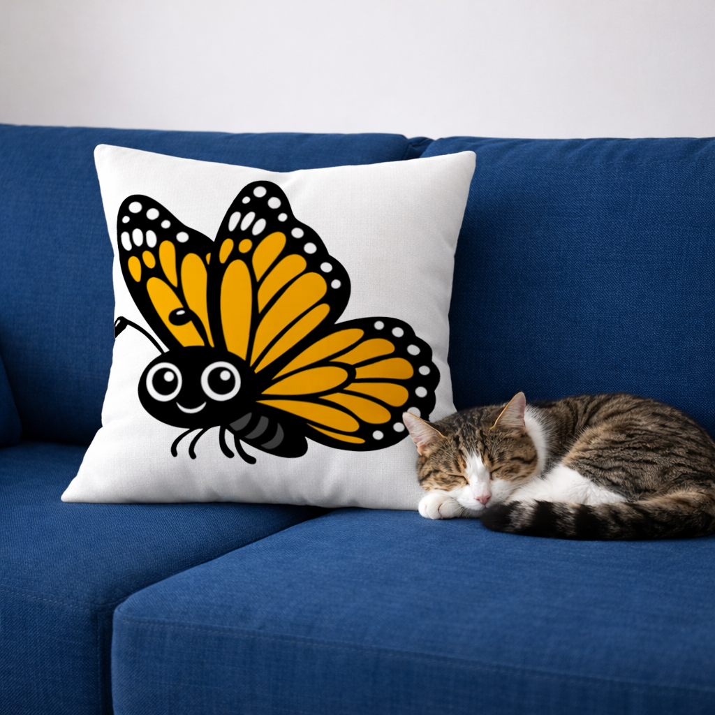 Gülümseyen Turuncu Monarch Kelebeği Dekoratif Kırlent Kılıfı