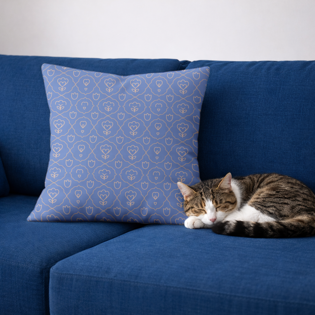 Orange Linear Floral Pattern on Blue 