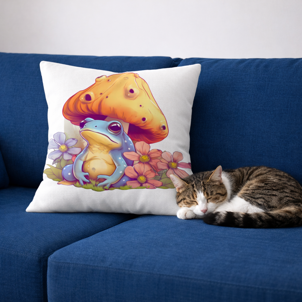 Blue Frog Resting Under Orange Mushroom Decorative pillow cover
