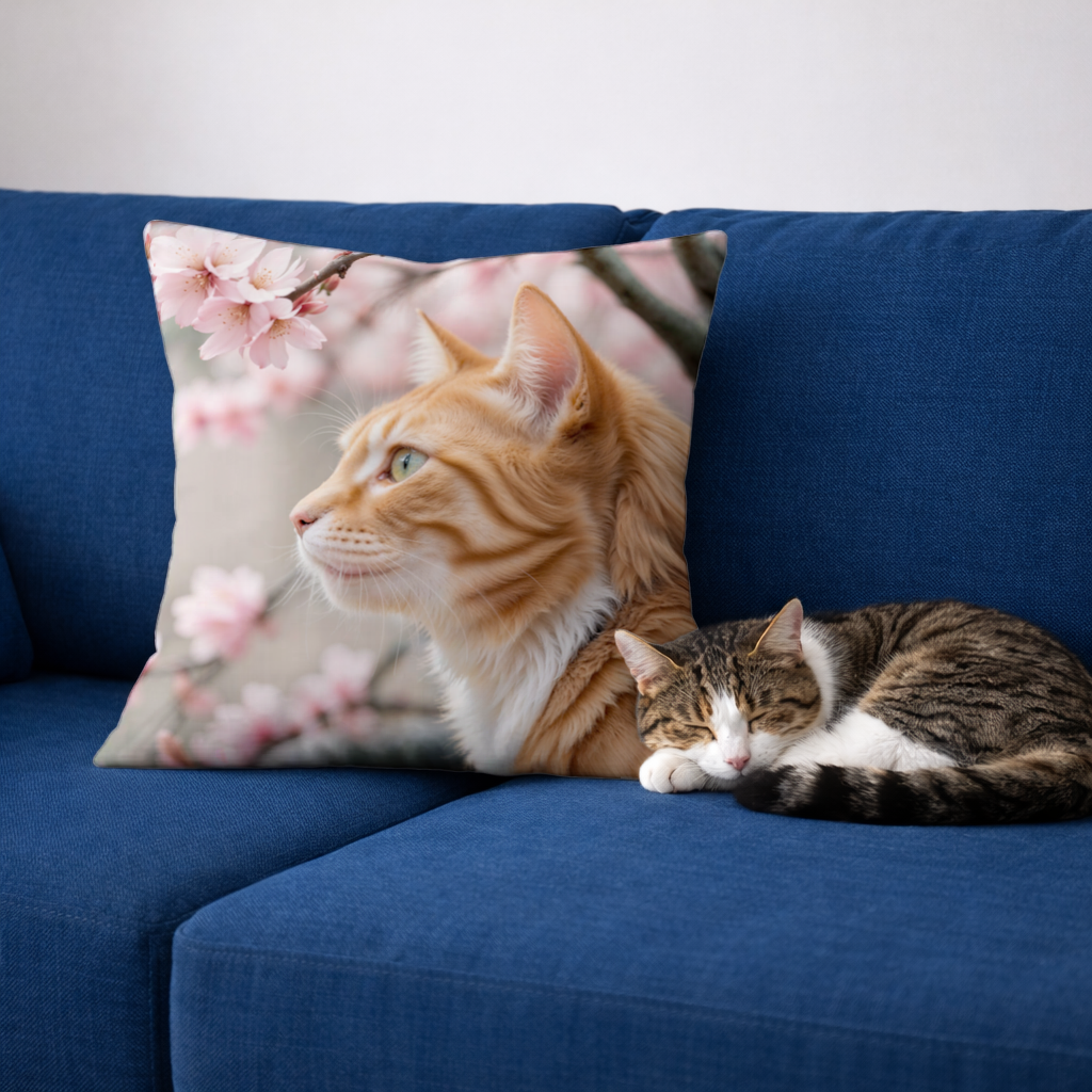 Adorable Ginger Cat Portrait Among Spring Flowers Decorative pillow cover