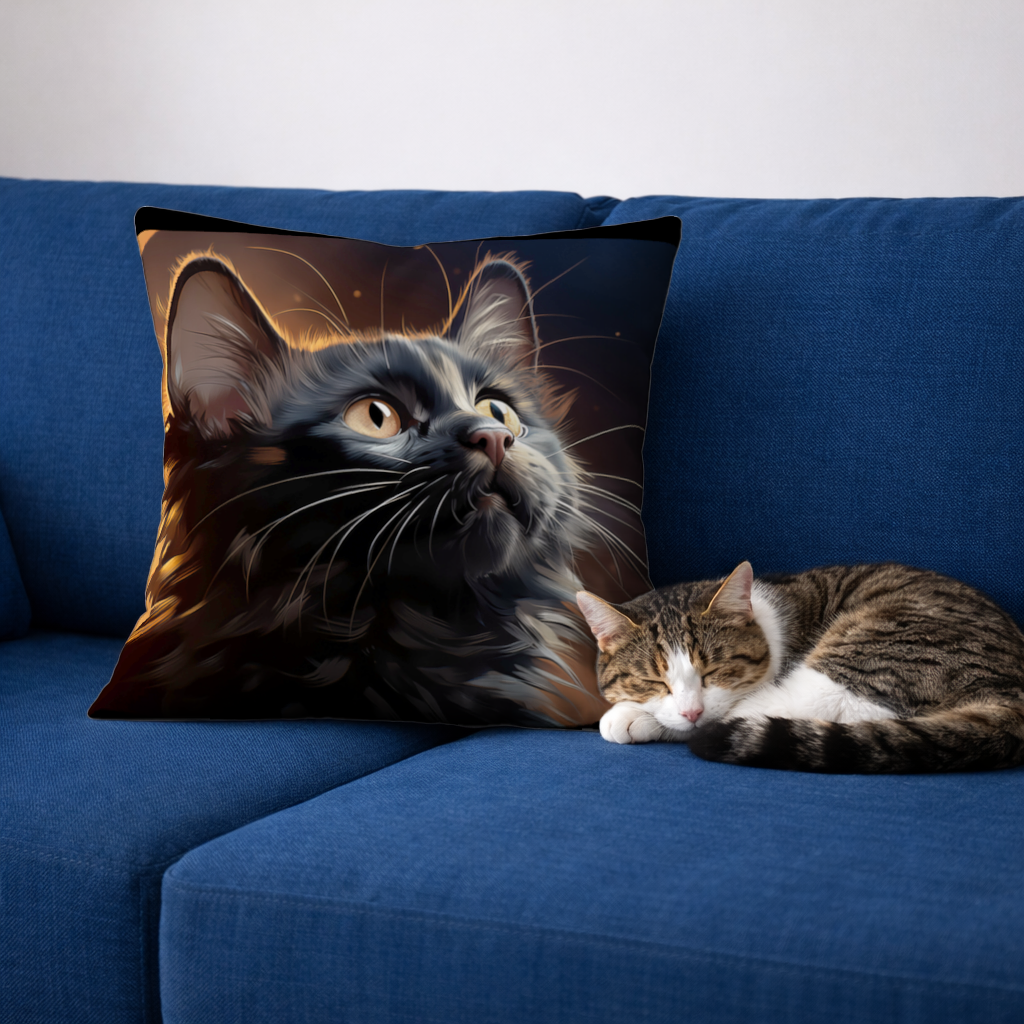 Siyah Kedi Dijital Sanat Dekoratif Kırlent Kılıfı