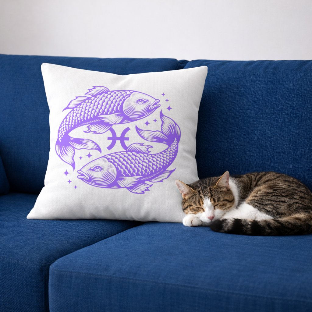 Pisces Zodiac Symbol with Purple Fish Art Decorative pillow cover