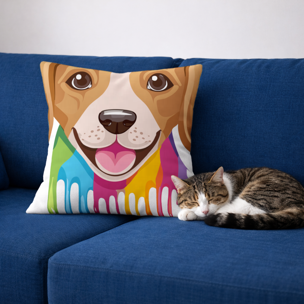 Happy Dog with Colorful Paint Drips Decorative pillow cover