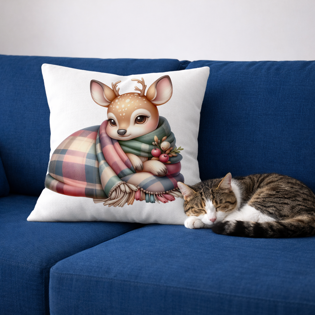 Ekose Battaniyeli Tatlı Geyik Yavrusu Dekoratif Kırlent Kılıfı