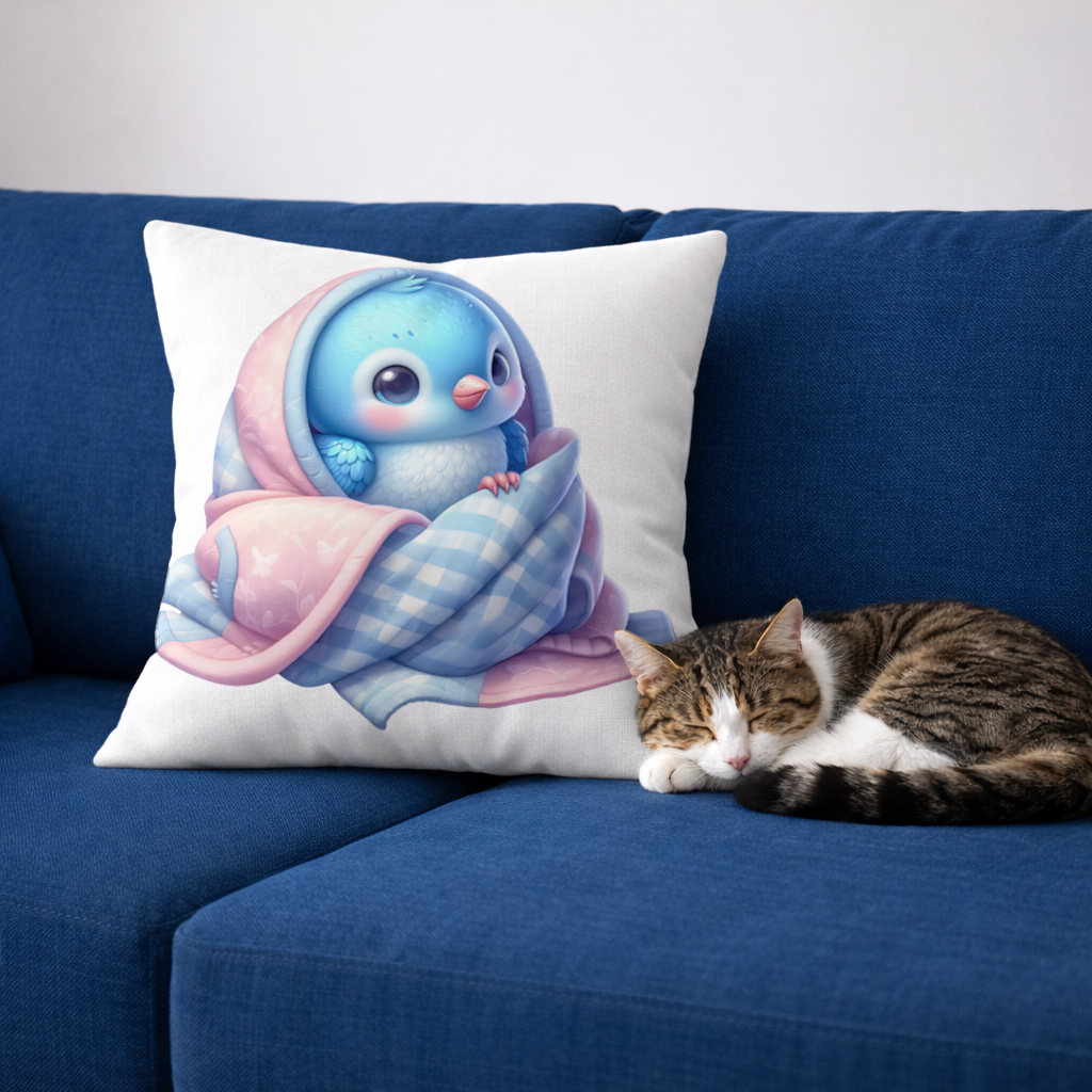 Kawaii Blue Bird in Blanket Decorative pillow cover