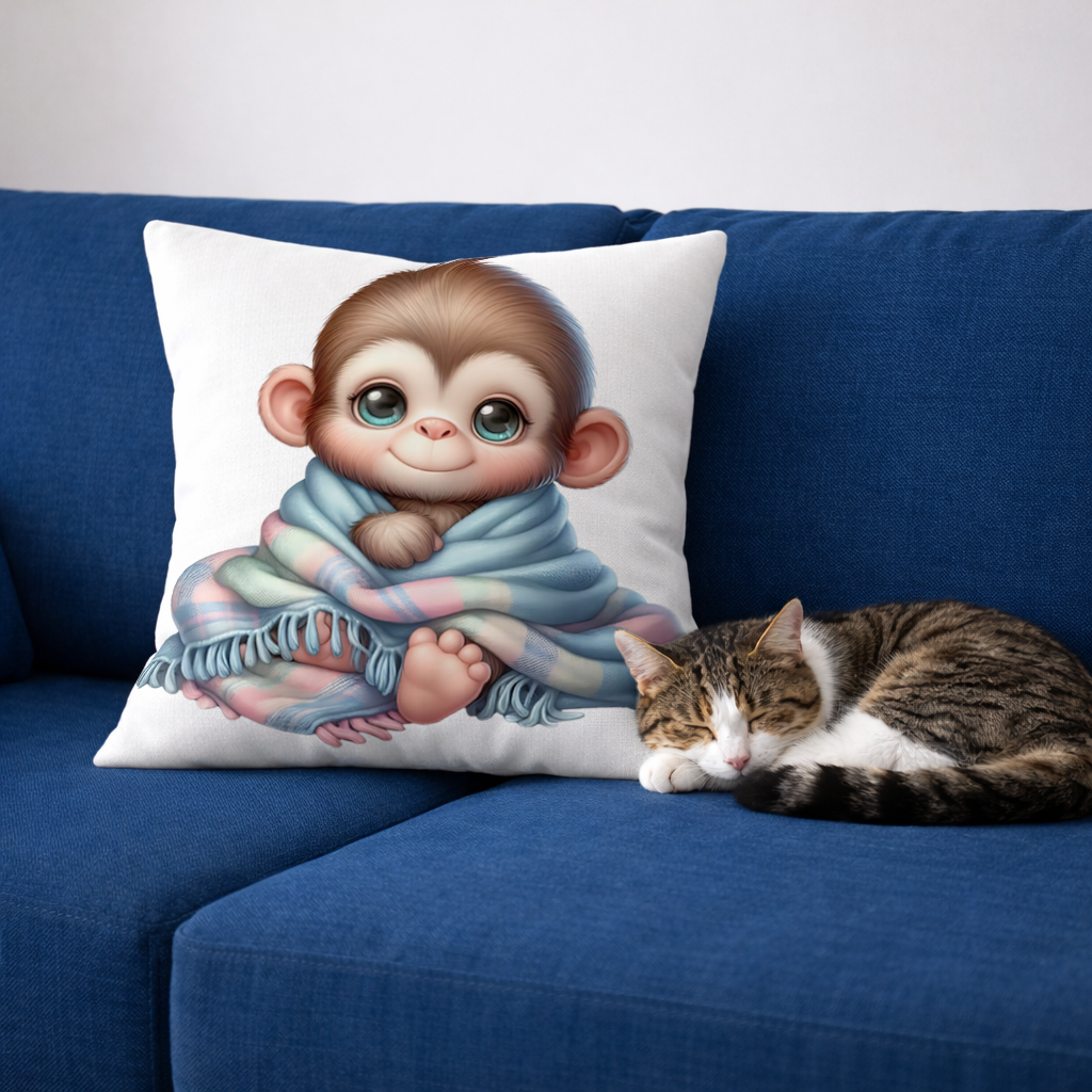 Cute Baby Monkey Wrapped in Blanket Decorative pillow cover