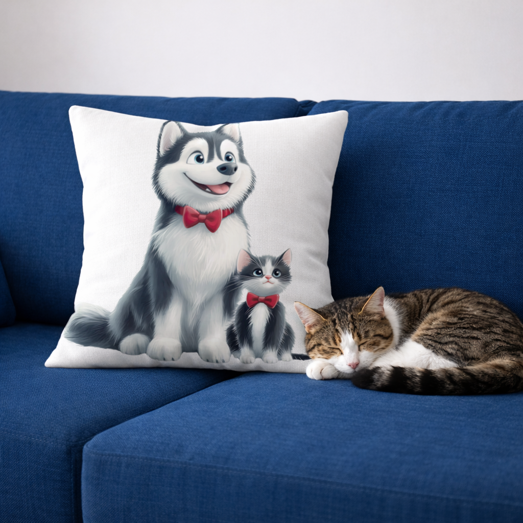 Cute Husky and Kitten with Red Bowties Decorative pillow cover