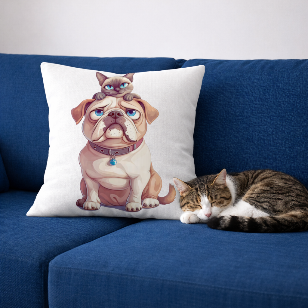Sad Pug with Siamese Cat on Head Decorative pillow cover