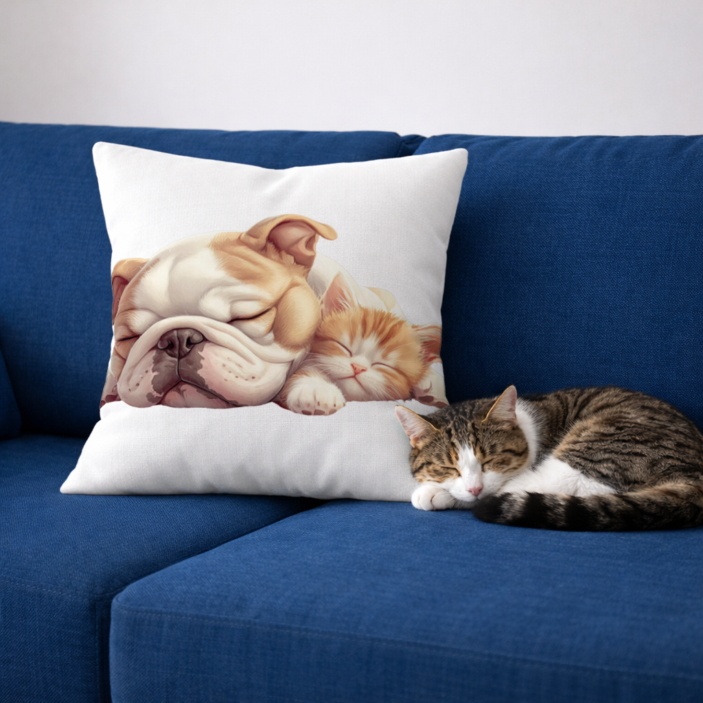 Sleeping Bulldog and Ginger Kitten Decorative pillow cover