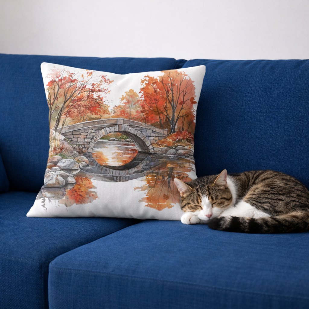 Autumn Stone Arch Bridge Over River Decorative pillow cover