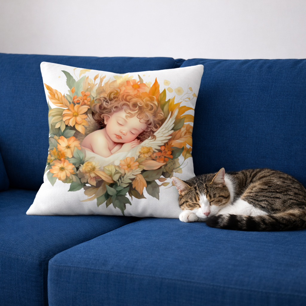Sleeping Cherub in Cottagecore Flowers Decorative pillow cover