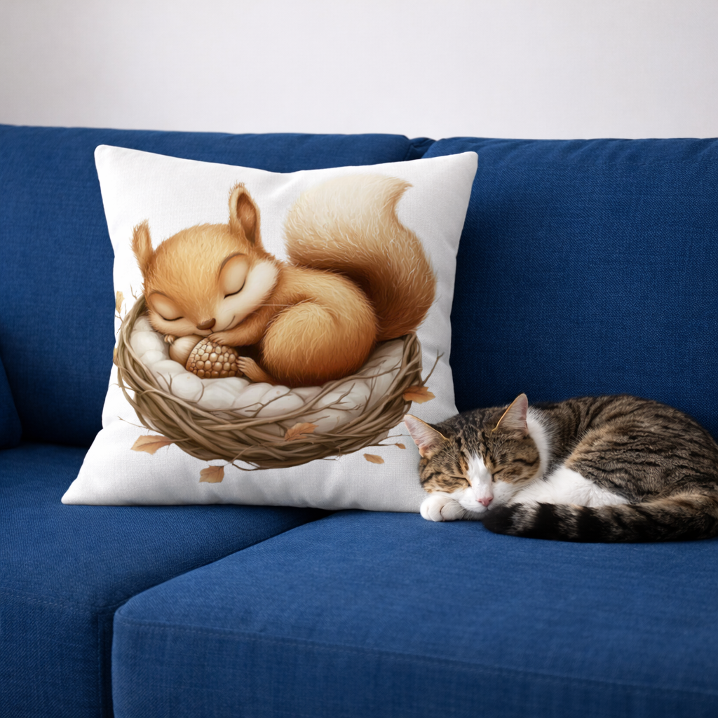 Sleeping Baby Squirrel in Nest Decorative pillow cover