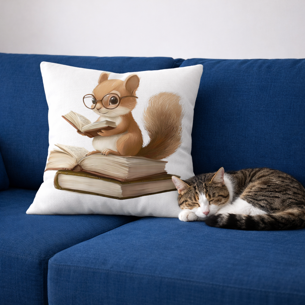 Scholarly Squirrel Reading on Book Stack Decorative pillow cover