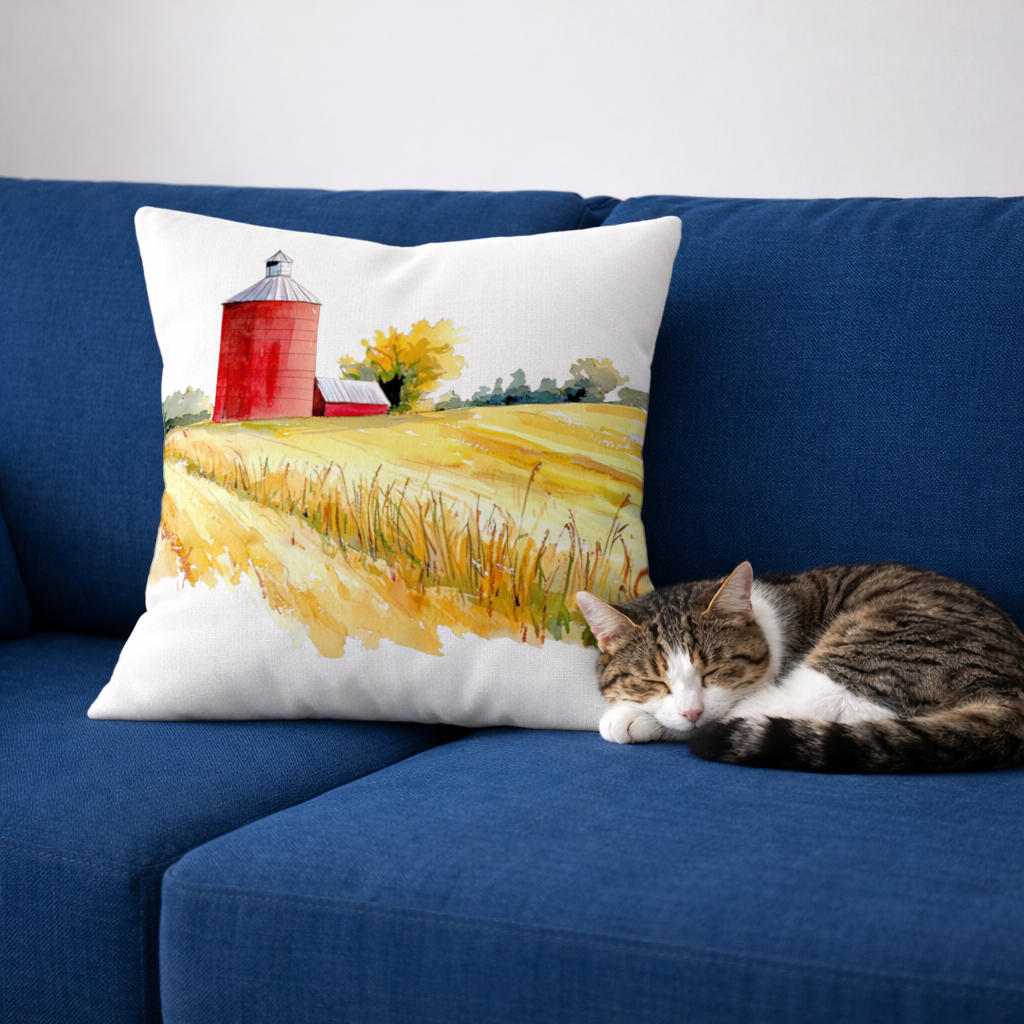 Red Farm Silo and Golden Wheat Field Decorative pillow cover