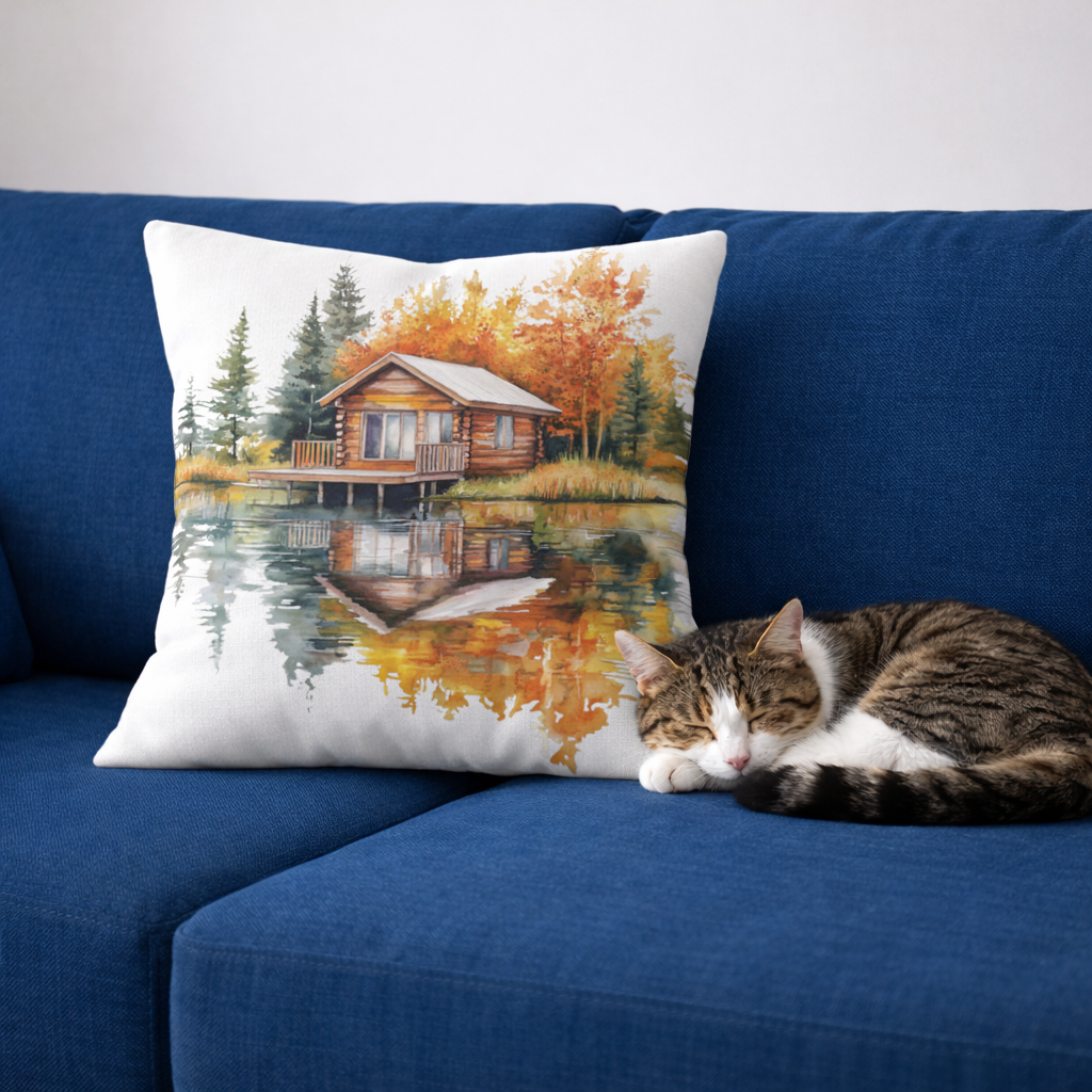 Lakeside Log Cabin Autumn Landscape Decorative pillow cover