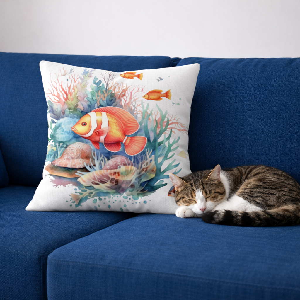 Watercolor Clownfish and Tropical Coral Reef Decorative pillow cover