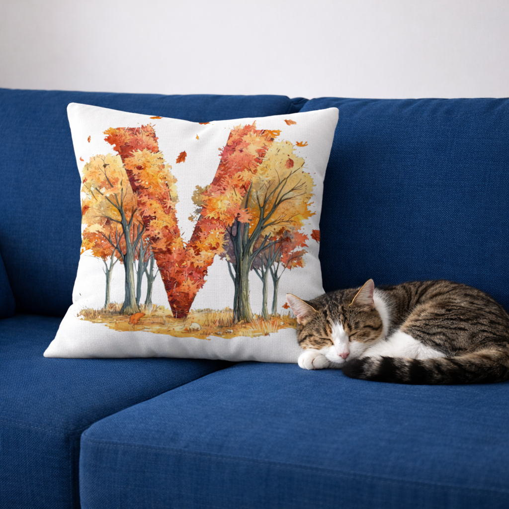 Orange Autumn Forest Letter M Decorative pillow cover