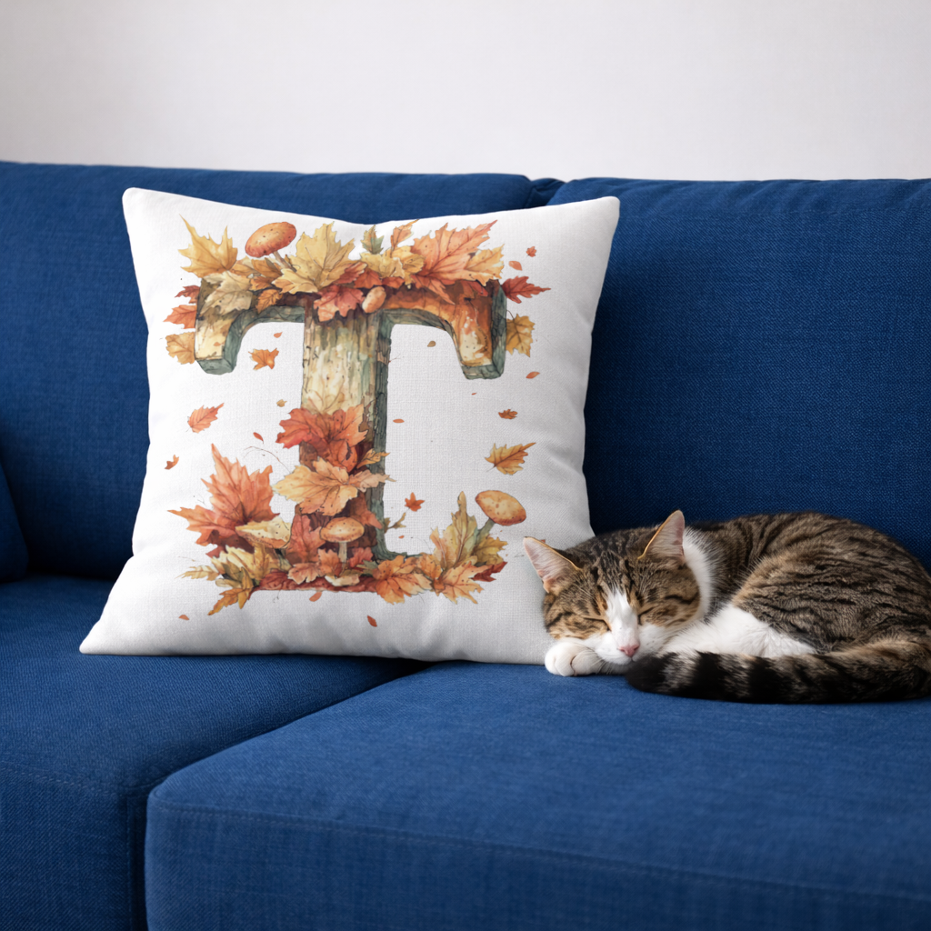 Sonbahar Yapraklı Odunsu T Harfi Dekoratif Kırlent Kılıfı