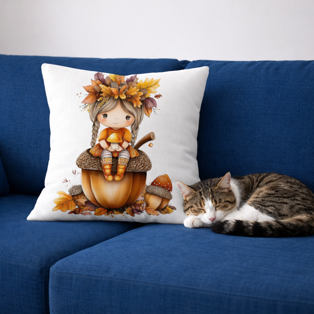 Autumn Acorn Mushroom Girl Decorative pillow cover