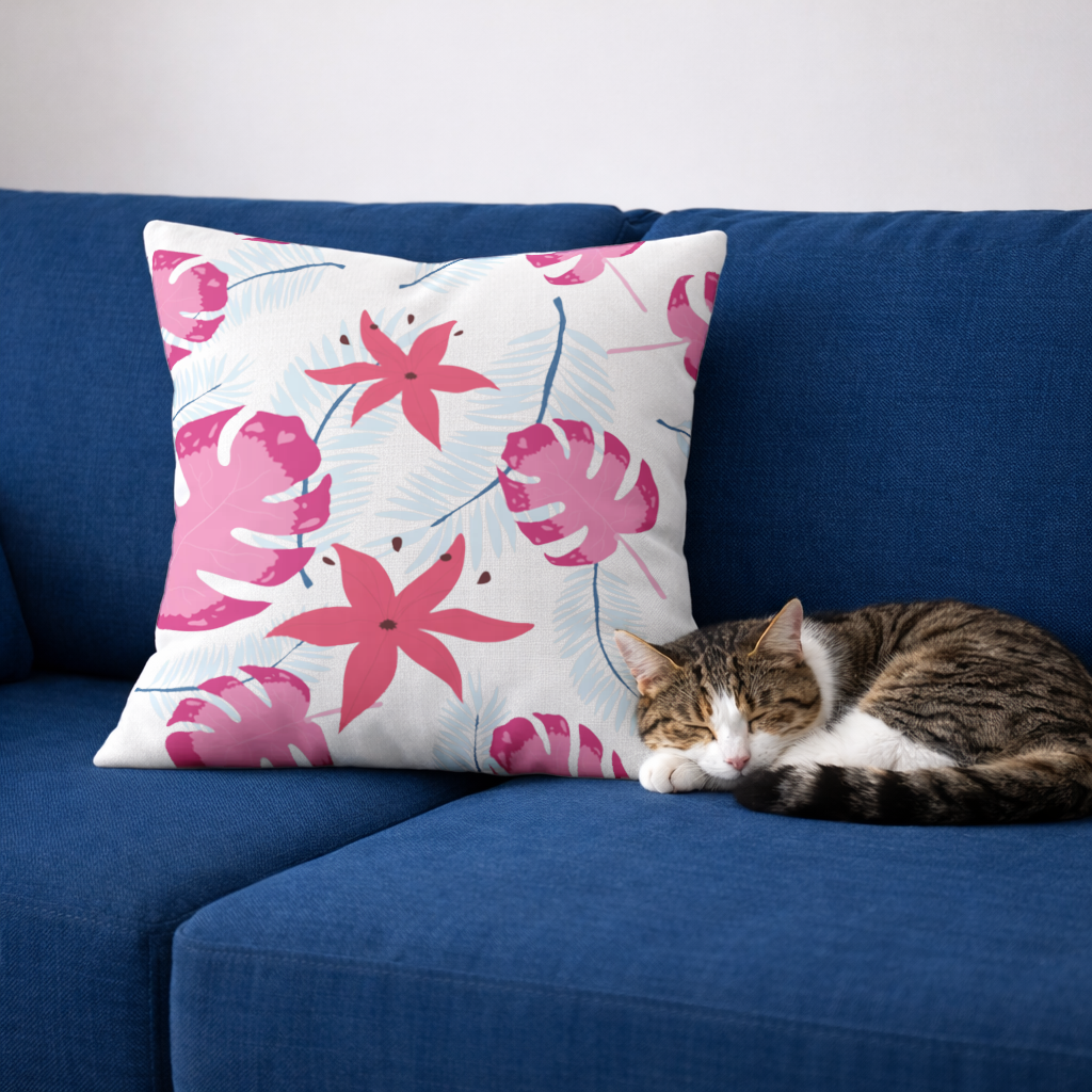 Pembe Monstera ve Tropikal Lilyum Dekoratif Kırlent Kılıfı