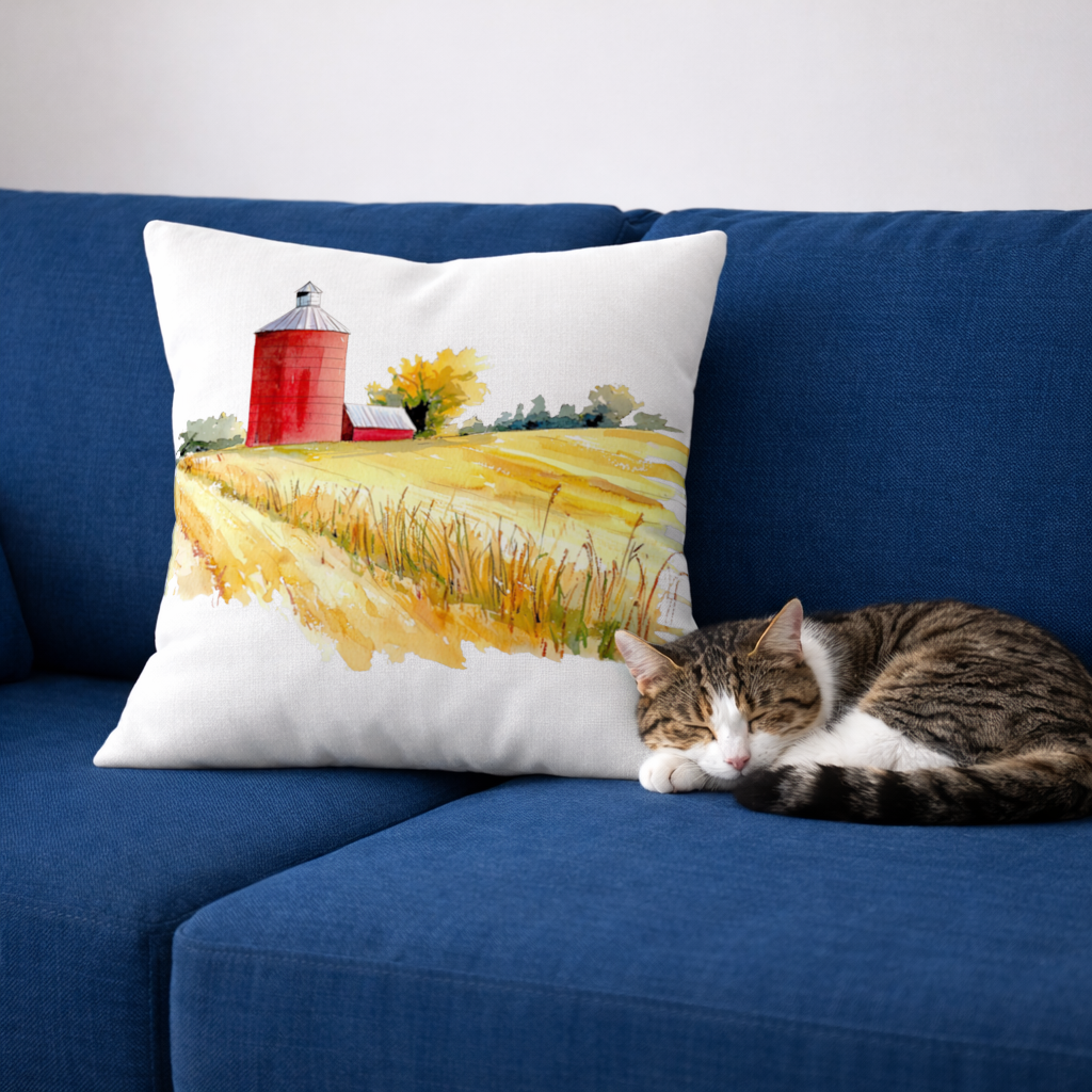 Kırmızı Silo ve Altın Buğday Tarlası Dekoratif Kırlent Kılıfı