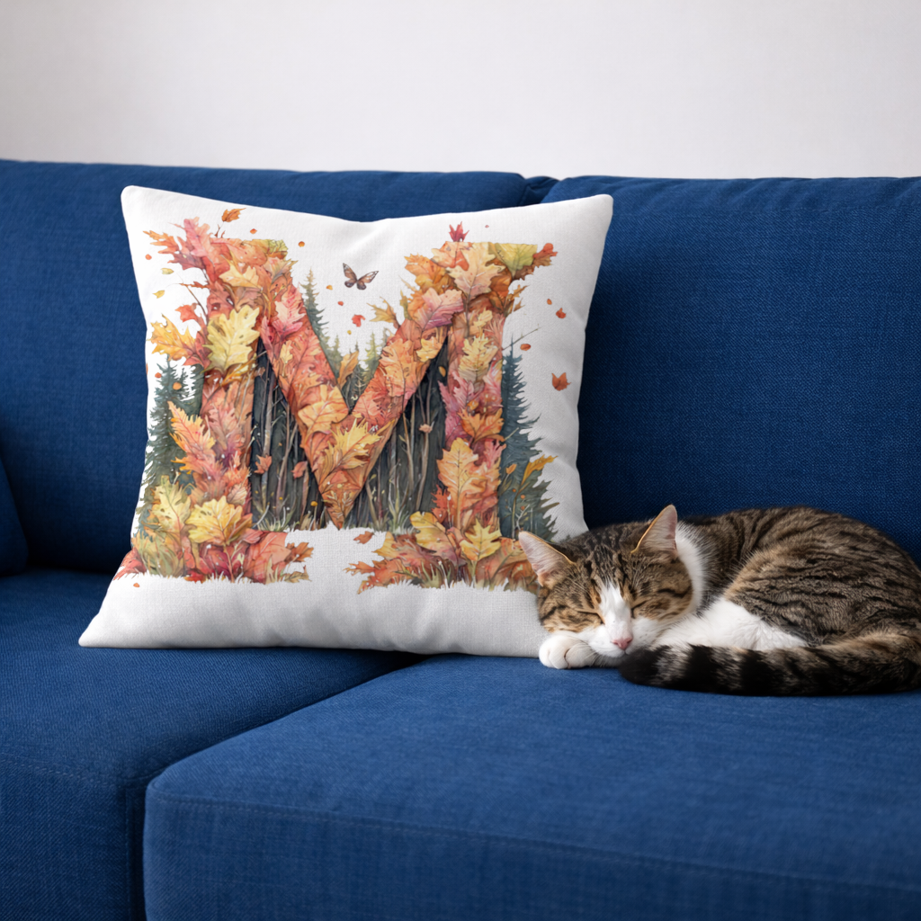 Sonbahar Yapraklı M Harfi Dekoratif Kırlent Kılıfı