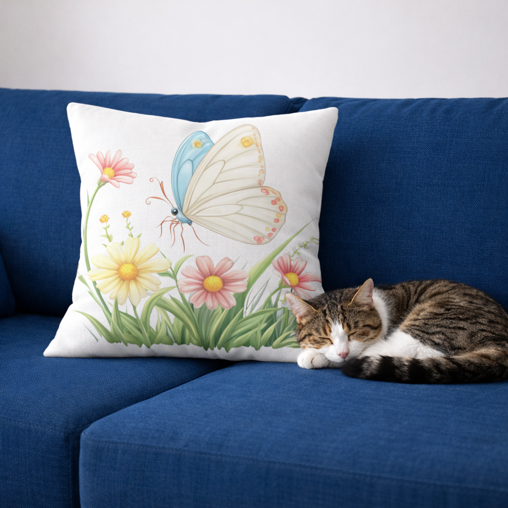 Pastel Kelebek ve Kır Çiçekleri Bahçesi Dekoratif Kırlent Kılıfı